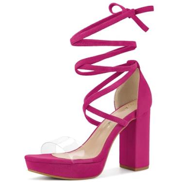 Imagem de Allegra K Sandálias femininas de salto grosso transparente com cadarço, Rosa choque, 38