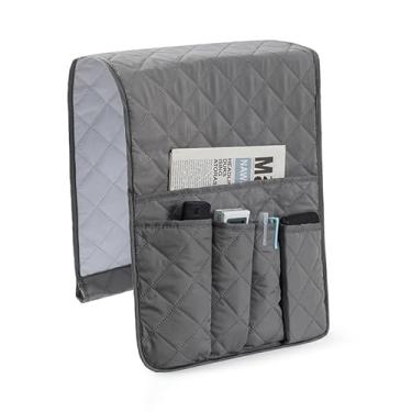 Imagem de wanhaoshangmao Organizador acolchoado de apoio de braço para sofá com vários bolsos, cinza, 83,5 x 32,3 cm, acabamento de couro premium, controle remoto e suporte de revista