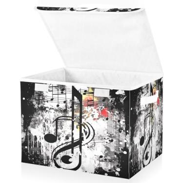 Imagem de Blueangle Cestos de armazenamento de notas musicais pretos com tampas, 42 x 32 x 30 cm, grande cesta organizadora dobrável para decoração de casa e escritório (332)