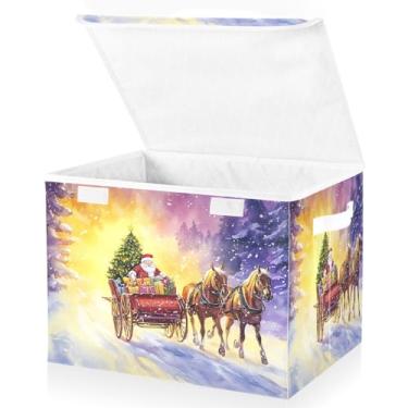 Imagem de Blueangle Cestos de armazenamento de renas de Papai Noel com tampas, 42 x 32 x 30 cm, grande cesta organizadora dobrável para decoração de escritório e armário (239)
