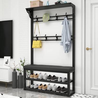 Imagem de Cabideiro De Metal Em Pé Com Banco De Sapatos 3 Em 1 Árvore De Hall De Entrada Com Sapateira De 2 Camadas Organizador De Prateleira De Armazenamento De Metal Com 10 Ganchos P, A, 100X30X172CM