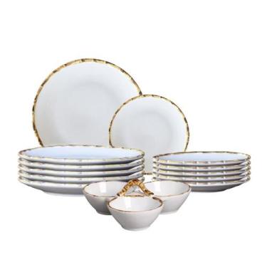 Imagem de Jogo 6 Pratos Rasos 6 Sobremesa e Petisqueira Borda Bambu Cerâmica  1ª