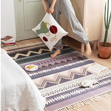 Imagem de Tapete de área de algodão boêmio com franja tecida tapete de porta geométrico com borla lavável à máquina tapete de chão para varanda cozinha sala de estar