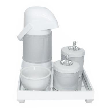 Imagem de Kit Higiene Espelho Potes, Garrafa, Molhadeira E Capa Provençal Prata