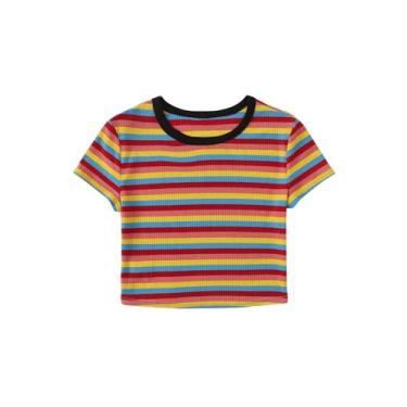 Imagem de Floerns Camiseta feminina plus size com listras de arco-íris e gola redonda e manga curta, Vermelho, amarelo, azul, 4G Plus Size