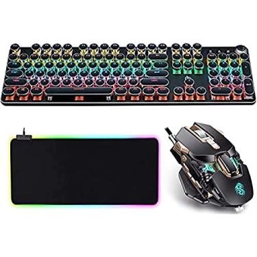 Imagem de Teclado mecânico LED retroiluminado retro máquina de escrever teclado para jogos e mouse pad combinação teclado USB - interruptor azul 104 teclas vintage inspirado Steampunk, preto