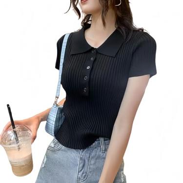 Imagem de LAI DE RUI Camiseta feminina de verão de malha com botão polo manga curta canelada, Preto, G