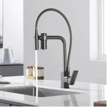 Imagem de Arma cinza filtro de água torneira da cozinha preto puxar para baixo 2 em 1 pulverizador bronze beber torneira 360 giratória purificação torneiras misturadoras, arma cinza cor