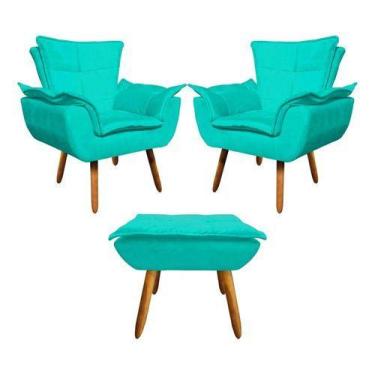 Imagem de Kit 2 Poltrona + Puff Opala Decorativa Suede Azul Turquesa - King Lar
