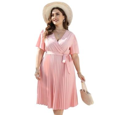 Imagem de KOJOOIN Vestido feminino plus size, gola V, bainha plissada, manga curta, elegante, evasê, midi com cinto, Ss rosa, 3G