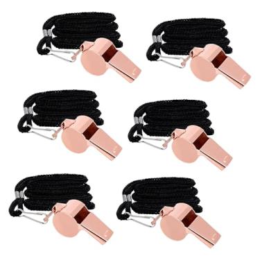 Imagem de Biiange Pacote com 6 apitos de aço inoxidável com cordão, apitos esportivos de árbitros de treinadores, apitos esportivos de metal alto para treinadores, árbitros e caminhantes (ouro rosa)
