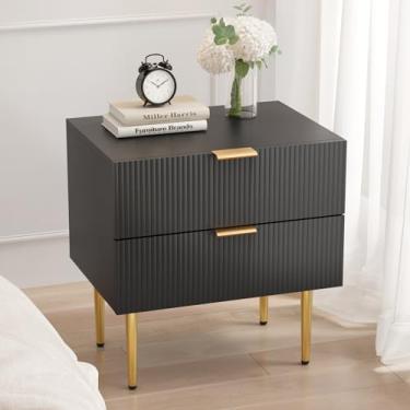 Imagem de Mesa de cabeceira preta e dourada com painel canelado, mesa de cabeceira com 2 gavetas, grande mesa de cabeceira moderna de meados do século com perna dourada, mesas de canto para quarto