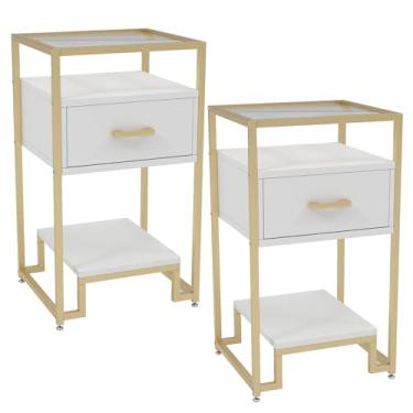 Imagem de GAOMON Conjunto de 2 criado-mudo, mesa de canto com gaveta de armazenamento e 3 camadas de armazenamento e tampo de vidro temperado, móveis modernos de cabeceira de meados do século com estrutura de