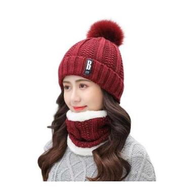 Imagem de Kit Touca Gorro PomPom Cachecol Gola Forrada Lã Inverno Frio - Modas F