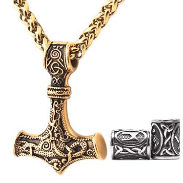 Imagem de GUNGNEER Colar com pingente de martelo Thor banhado a ouro 18 K Viking Mjolnir para homens e mulheres, contas de aço inoxidável 316L bônus 2 Rune Beads