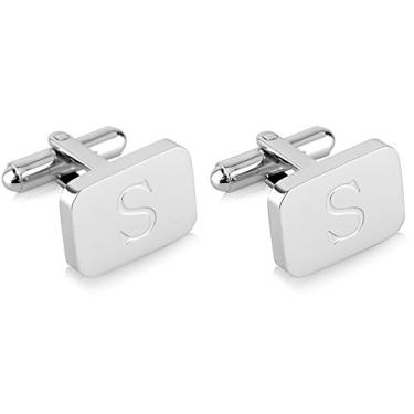 Imagem de Abotoaduras masculinas de aço inoxidável gravadas com iniciais banhadas a ouro branco 18K com caixa de presente - Letras personalizadas do alfabeto A-Z da Lux & Pair, Aço inoxidável,