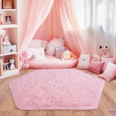 Imagem de Quntue Tapetes hexagonais rosa de 10 x 12 metros para barraca de princesa, tapete hexagonal ultramacio para quarto, lindos tapetes felpudos para quarto de meninas, tapete felpudo para quarto de