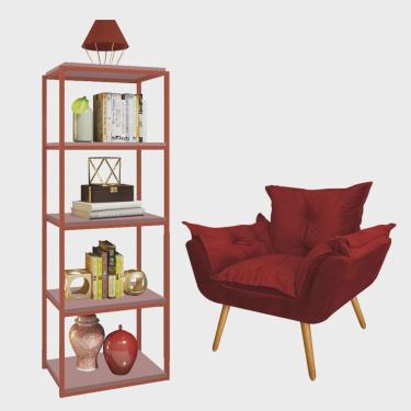 Imagem de Kit Poltrona Fatte com Estante Livreiro Ferro Bronze mdf Rose Suede Vermelho - Ahazzo Móveis