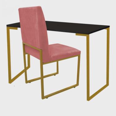 Imagem de Kit Cadeira e Mesa Escrivaninha Escritório Office Stan Industrial Ferro Dourado Suede Rose Gold - Ahazzo Móveis