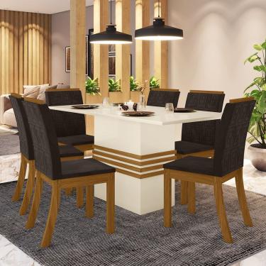 Imagem de Conjunto Sala De Jantar Tampo Mdf 160 Cm 06 Cadeiras Marilia Casa 812 Nature Com Off White E Marrom