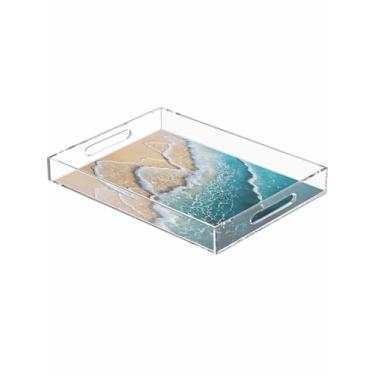 Imagem de Bandeja de acrílico azul-petróleo ondas do oceano bandeja de servir praia verão, bandeja decorativa de plástico à prova de derramamento com alças para exibição de comida, festa 30 x 20 x 5 cm