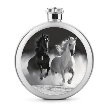 Imagem de Cantil de aço inoxidável, preto e branco, cavalos, corrida, impressão, bolso, cantil, garrafa de viagem, portátil, garrafa de licor, garrafa de metal