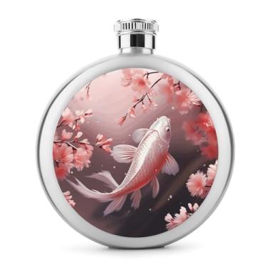 Imagem de Cantil de aço inoxidável, flor de cerejeira vermelha impressão carpa bolso cantil garrafa de viagem garrafa portátil garrafa de licor garrafa de metal