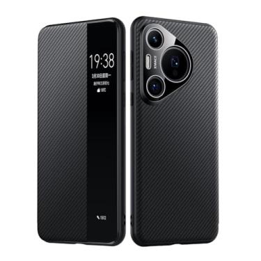 Imagem de LTLMYDAM Capa de couro para Huawei Pura 80 Ultra/80 Pro/80 Pro+/80, Flip Clear View Small Window Business Slim Cover Capa de textura de fibra de carbono, preta, 80 Pro