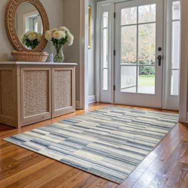 Imagem de jinchan Tapetes geométricos 12 x 18 cm, casual, lavável, antiderrapante, ultrafino, leve, abstrato, moderno, listrado, para sala de estar, quarto, sala de jogos, escritório, azul