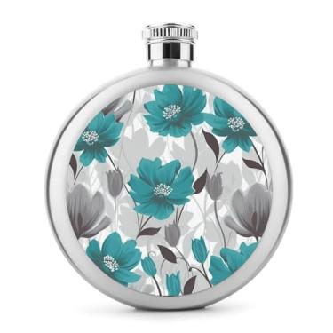 Imagem de Cantil de aço inoxidável, azul-petróleo cinza e branco com estampa floral cantil de bolso garrafa de viagem garrafa portátil de licor