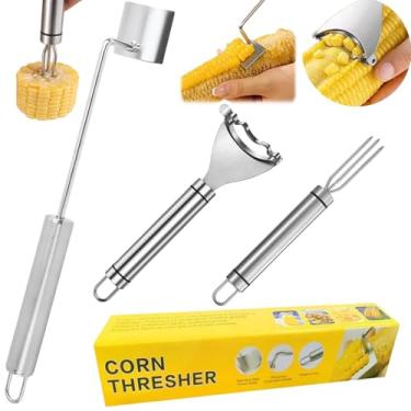 Imagem de Descascador de milho 3 peças de aço inoxidável, conjunto de ferramentas de decapagem e suporte de milho 2025 cortador de plaina de milho, raspador de debulhador, separador de espiga de milho rápido