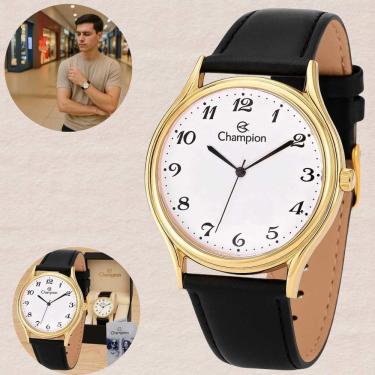 Imagem de Relógio Champion Masculino Quartzo Prova Dágua 50 Metros 5 ATM Social Pulseira de Couro Preto Clássico Dourado CN20024B