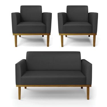 Imagem de Sofá Namoradeira Com 2 Poltronas Base De Madeira Fixa Castanho Marisa Corino D03 - D?rossi Cor Preto