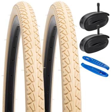 Imagem de YUNSCM 2 peças de pneus de bicicleta de 66 cm 26 x 1,50/36-559 e 66 cm válvula Schrader compatível com bicicleta de estrada 26 x 1,5 26 x 1,50 26 x 1,50 pneus e tubos de bicicleta bege (Y-1058)