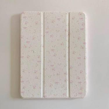 Imagem de Capa de couro sintético rígido com suporte triplo ajustável para Apple Pink Bow Ribbon Flowers Floral Light Cream White Refreshing Girls Kids (para iPad Air 33.0 cm M2 2024)