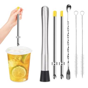 Imagem de Kit profissional de suporte de limonada de 6 peças, inclui 2 peças de perfuradores de palha de aço inoxidável 316 para tampas de plástico, misturador de aço inoxidável, colher de mistura e 2 escovas