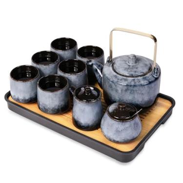 Imagem de Conjunto de chá chinês, conjunto de chá de cerâmica transformado de forno com 1 conjunto de bule de chá, 6 xícaras de chá, 1 bandeja de chá, 1 infusor inoxidável, 1 tigela de açúcar, 1 pote de leite