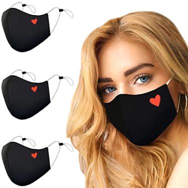 Imagem de Máscara facial moderna preta com coração vermelho, absorção de umidade, respirável, lavável, leve, reutilizável, confortável, moda esportiva para mulheres, homens, adolescentes, pacote com 3