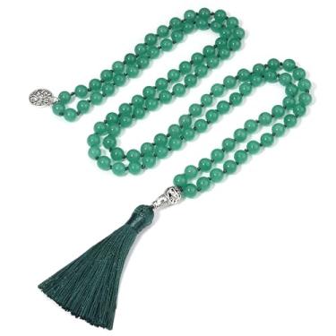 Imagem de BALIBALI Colar de 108 contas Mala com pedras semipreciosas e meditação 108 nó à mão Japa Mala com pingente de árvore da vida, Aventurina verde, Aventurina verde