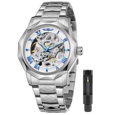 Imagem de Tiong Relógios mecânicos masculinos automáticos com corda automática prata transparente moda malha aço relógio de pulso esqueleto masculino hot hour