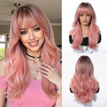 Imagem de Peruca Osicapea Ombre rosa sintética de 22 polegadas com franja para m