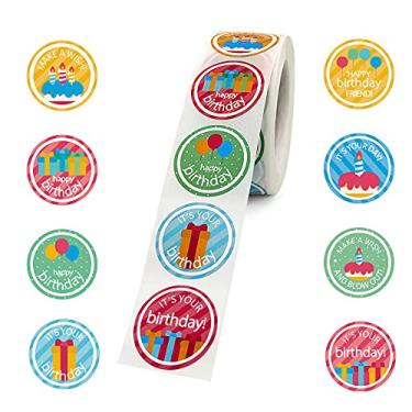 Imagem de Adesivos de feliz aniversário, redondos, à prova d'água, autoadesivos, multicoloridos, desenhos animados, redondos de 3,8 cm - 500 etiquetas por rolo, perfeitos para decoração de festas e caixas de