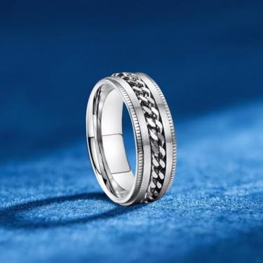 Imagem de Anel masculino de aço inoxidável - Anel embutido de corrente elegante, anel de ansiedade de aço inoxidável 316L para homens sem estresse, ajuste confortável tamanho 7-12, 9, Aço inoxidável, Sem pedra