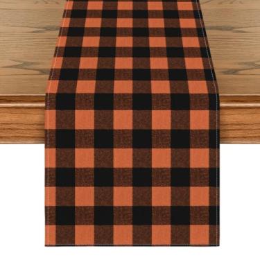 Imagem de Caminho de mesa de verão xadrez de búfalo laranja e preto, decoração de mesa de cozinha de outono sazonal estilo casa de fazenda decoração de festa de casamento jantar de aniversário 33 x 182 cm