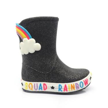 Imagem de Galocha Infantil Feminina Plugt Preta com Glitter Estampa Nuvem e Arco