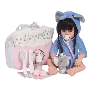 Imagem de Boneca Reborn Bebe Realista Roupão Elefante Bolsa Acessórios - Cegonha
