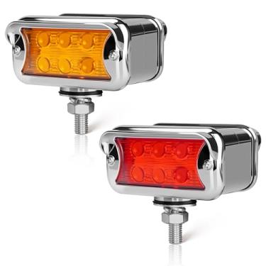 Imagem de 2 peças de luzes de para-choque de pedestal âmbar/vermelho de dupla revolução, 12 luzes estroboscópicas de LED semi caminhão, luzes de para-choque de dupla face para Freightliner Peterbilt Kenworth
