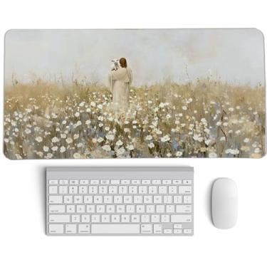 Imagem de PaJiaNi Tapete de mouse cristão, mouse pad religioso de Jesus, tapete de mesa grande vintage para decoração de Páscoa, Jesus encontra o cordeiro perdido, tapete de mesa floral branco, presentes
