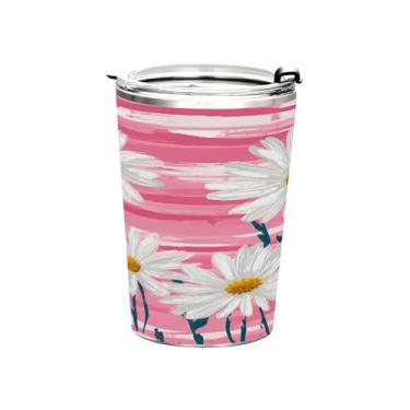 Imagem de Blueangle Copo de 340 g com tampa e canudo, copo de café com água isolada a vácuo de aço inoxidável, margaridas brancas, caneca de viagem, copo térmico para bebidas quentes e frias (174)