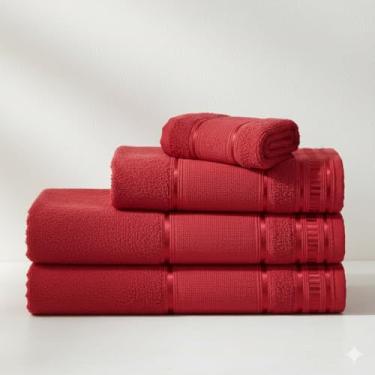 Imagem de Kit Toalha de Banho e Rosto 4 Pçs 100% Algodão 290 g/m2 Hipoalergênica - Barra Decoratica, Luxo, Toque Macio e alta absorção - Vermelho